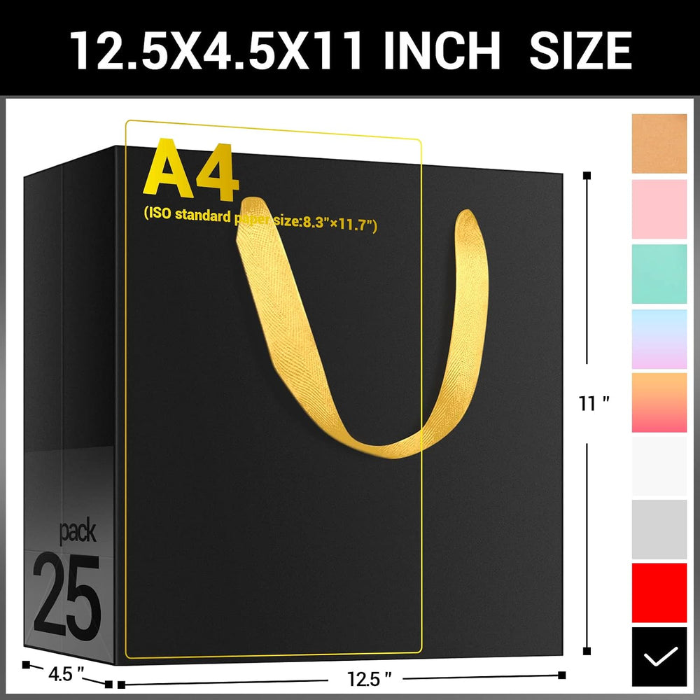 EUSOAR Large Black Golden Handles Shopping Bags, 25 Pack 12.5x4.5x11 inches G...
