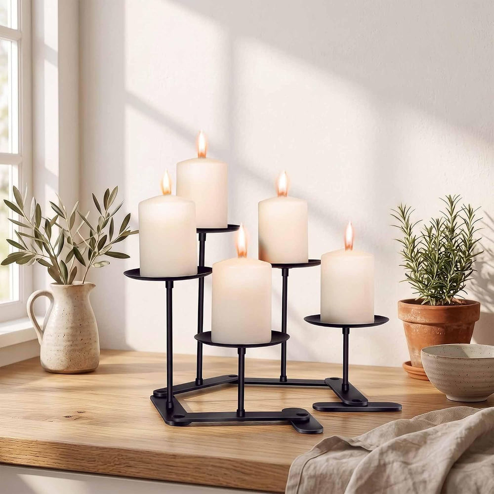 Adjustable 5-Pillar Metal Candelabra, Matte Black Candle Holder