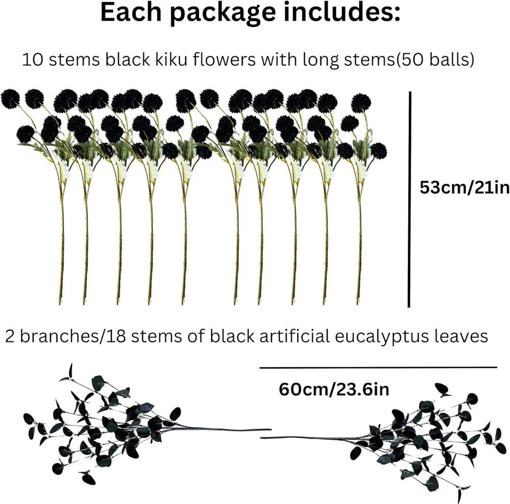 12 Black Artificial Flowers & Eucalyptus Long Stems, Halloween Decor
