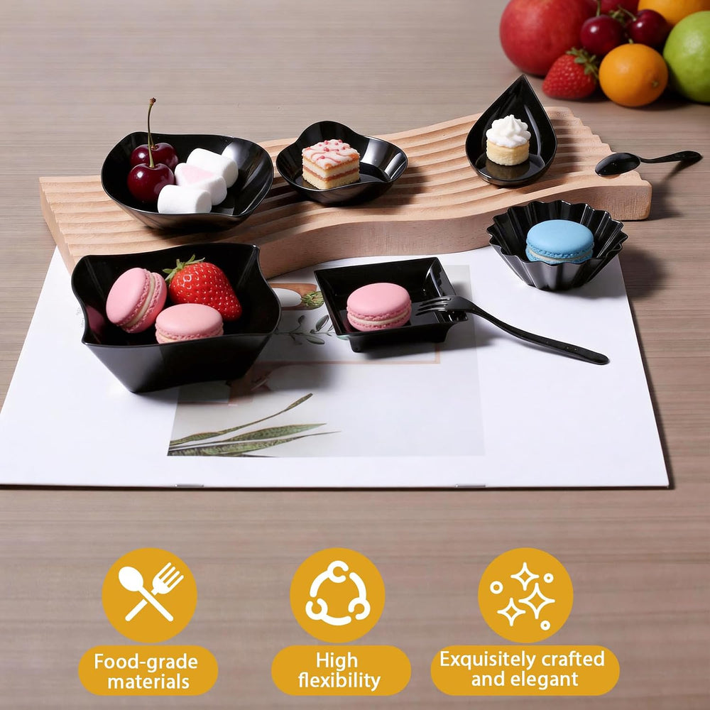 1200 Pcs Black Mini Disposable Appetizer Plates Set Include 6 Shaped Mini Des...