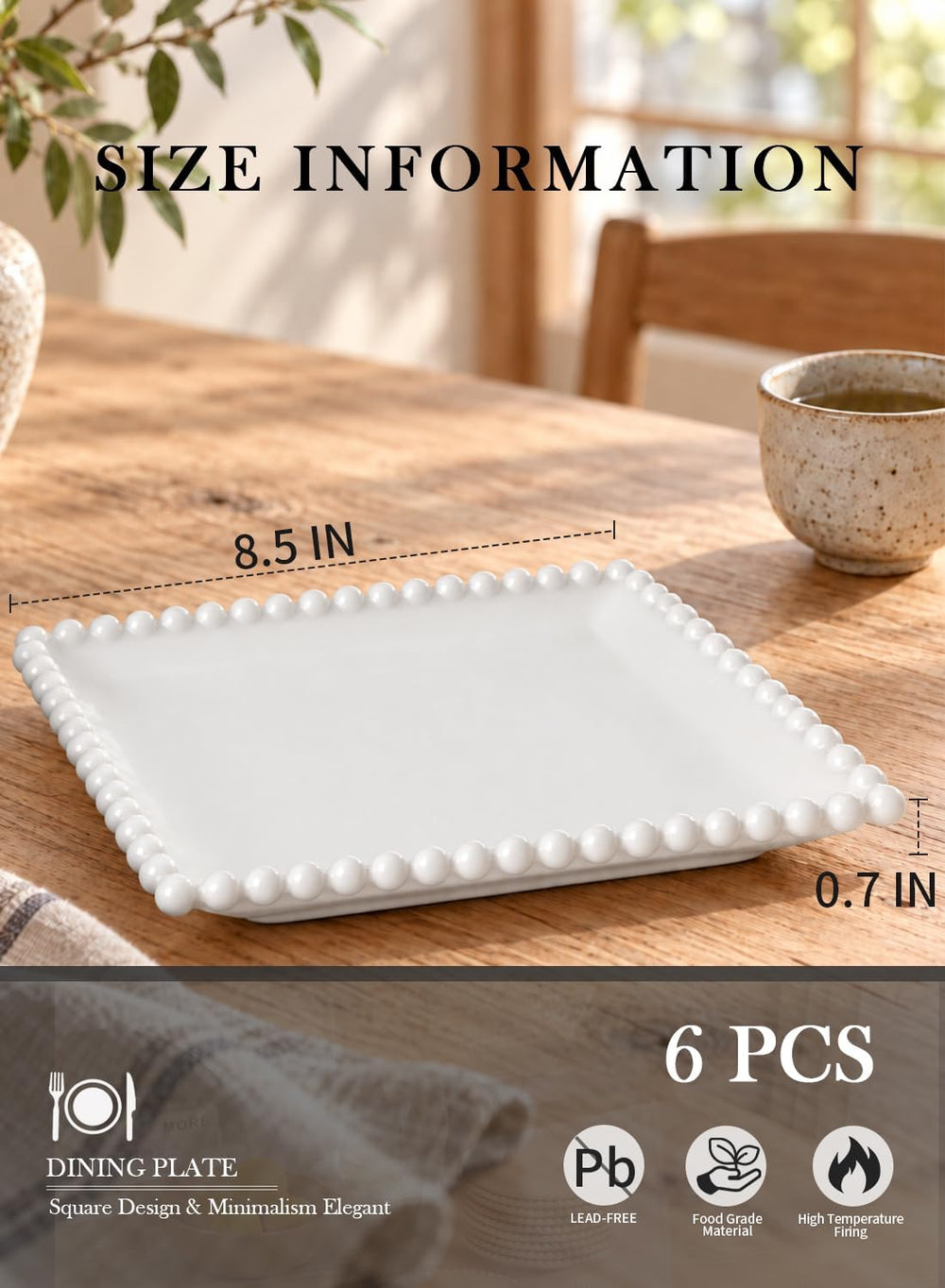 8.5 Inch Ceramic Square Pasta Plates, White Porcelain Dinner Plate Set of 6