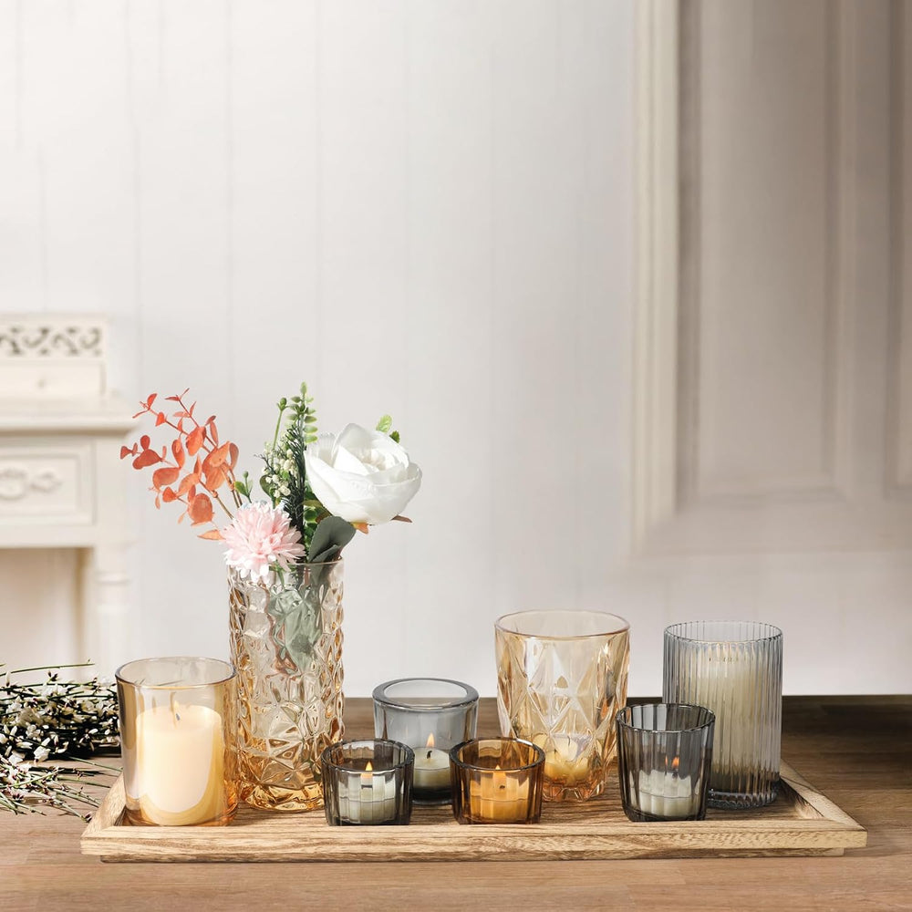 Rustic Wooden Tray with 8 Brown Glass Votive Candle Holders