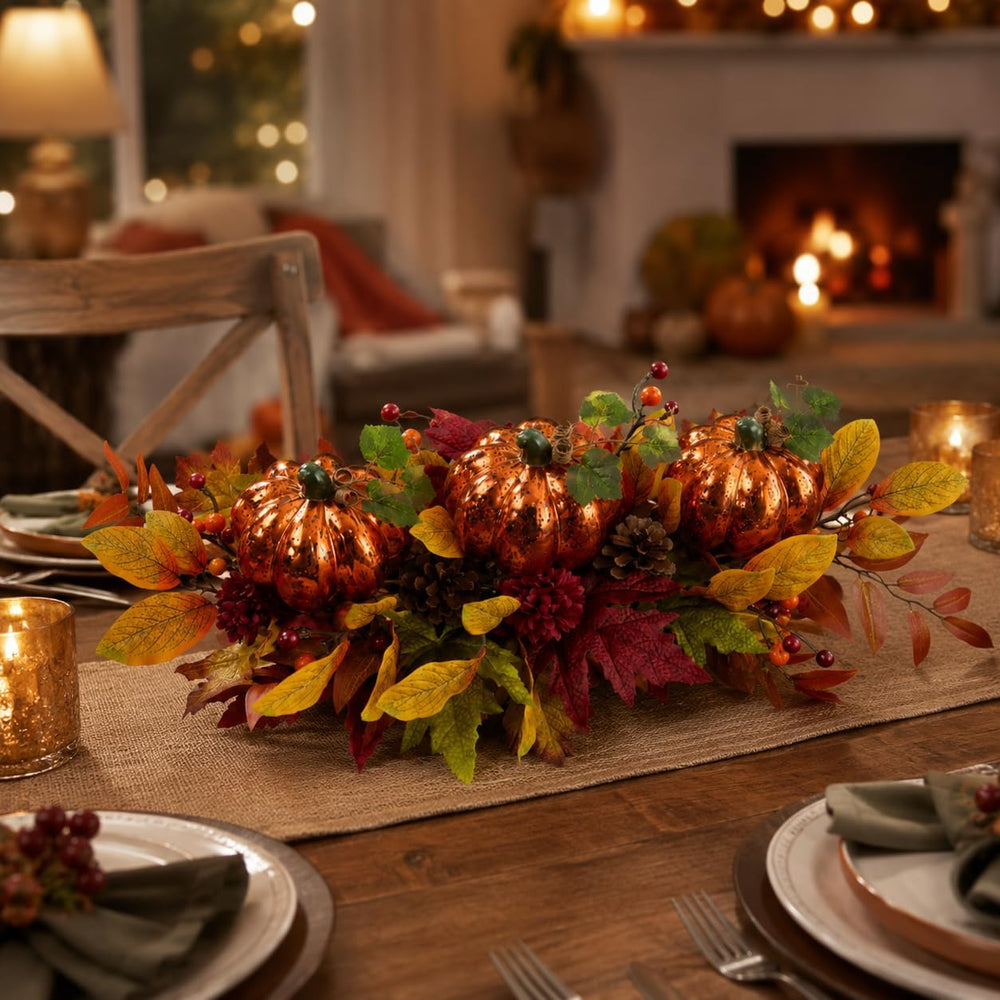 LED Lighted Pumpkin Fall Centerpiece with Maple Leaves, Berries & Pinecon...