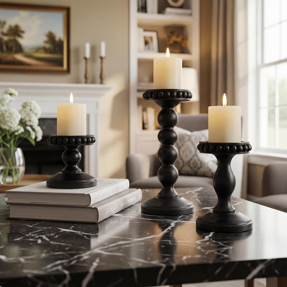 Mumufy 3 Set Wooden Candle Holders for Pillar Candles, Black, Small