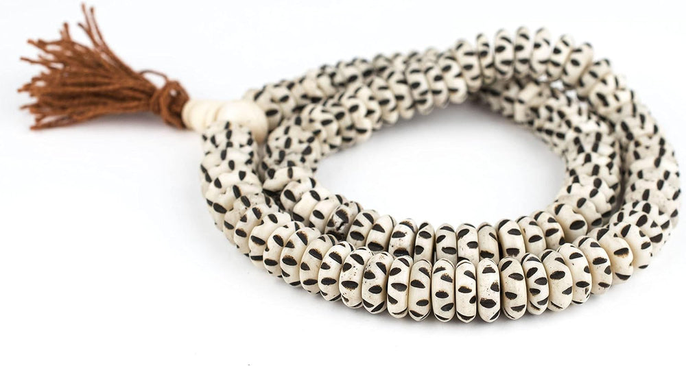 White Carved Disk Bone Mala Beads 13mm Nepal Large Hole 19 Inch Strand