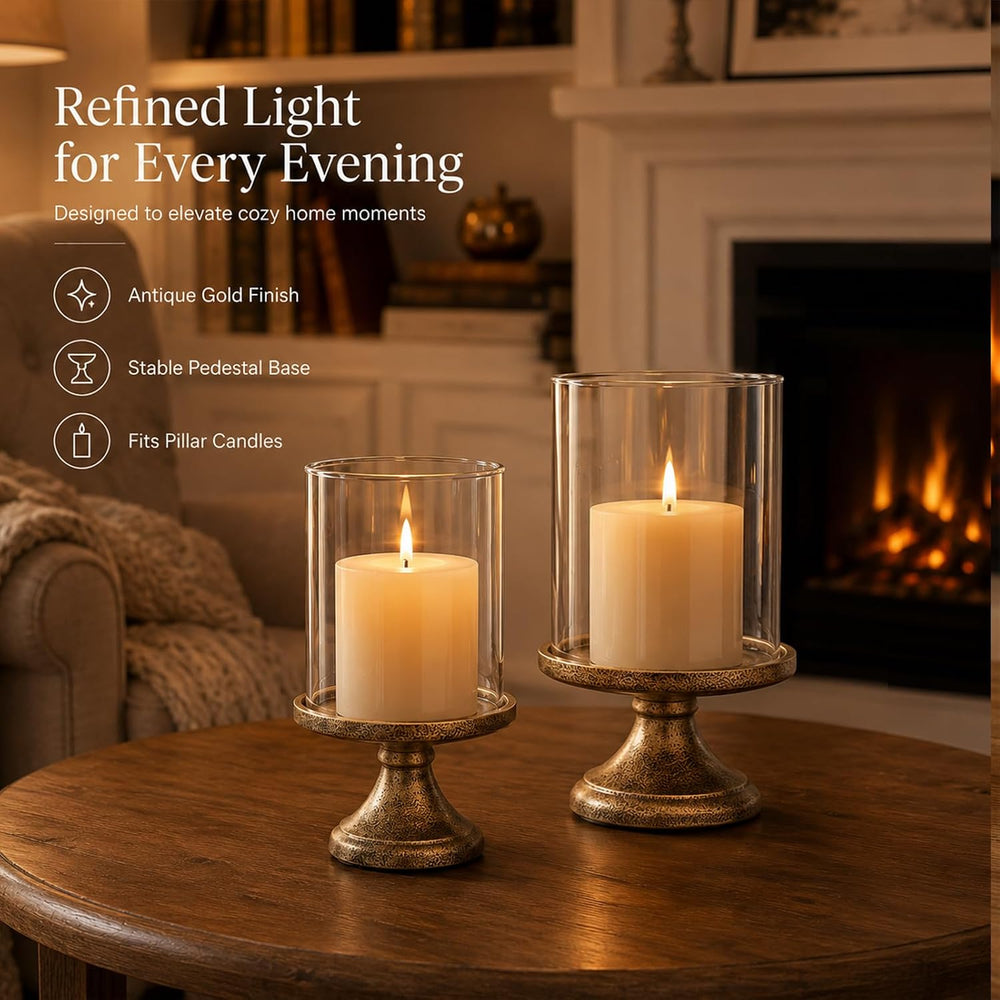 Hurricane Candle Holder with Glass Cylinder Antique Brass Iron Base