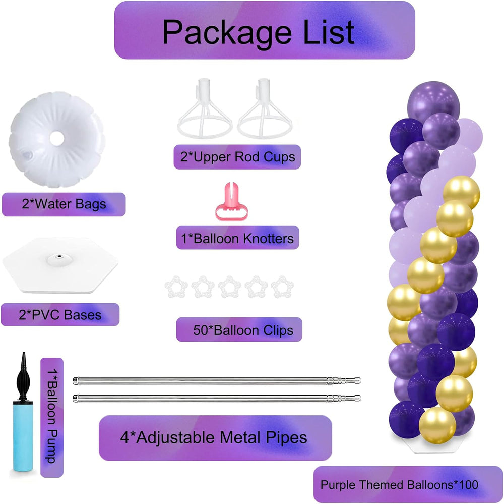 2 Balloon Arch Column Stand Kit, 100 Balloons, 6ft Adjustable, Purple Party
