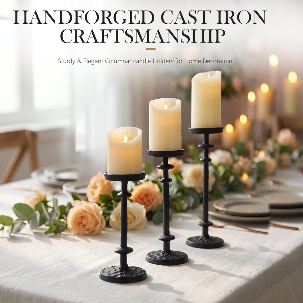Mumufy 3 Pcs Pillar Candle Holder Set Black Cast Iron Candlestand, 8"10&...