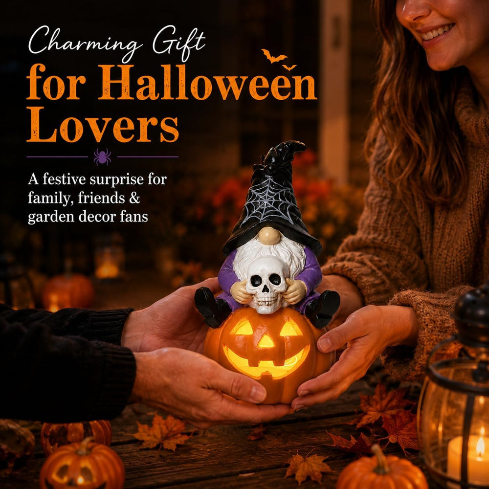 Solar Halloween Gnome Statue Outdoor Decor Lighted Pumpkin Garden Figurine