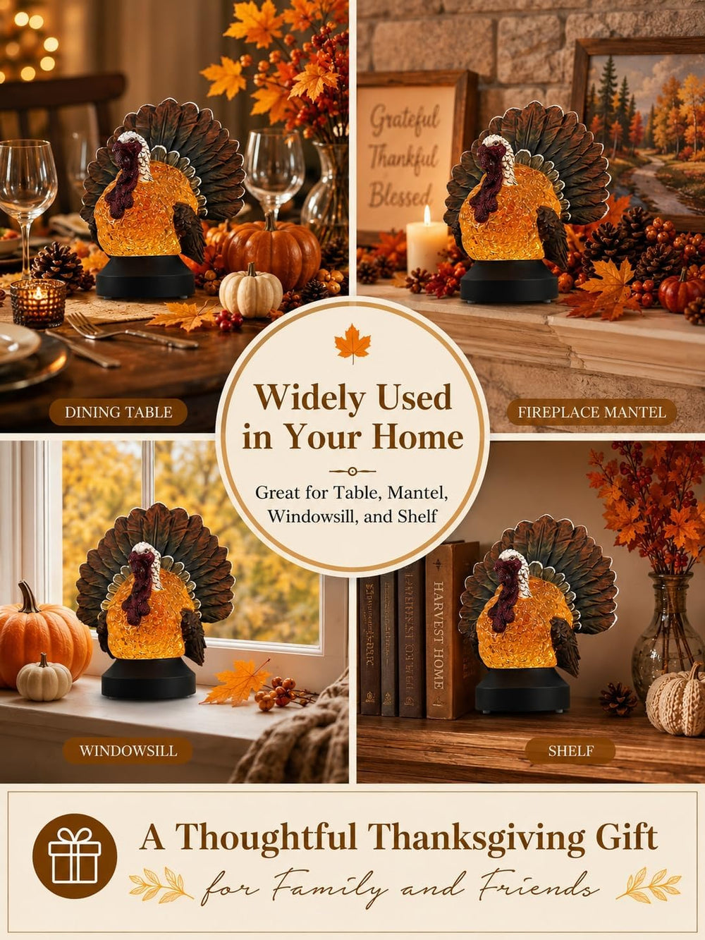 Thanksgiving Turkey Snow Globe Lantern, Lighted Fall Tabletop Decoration with...