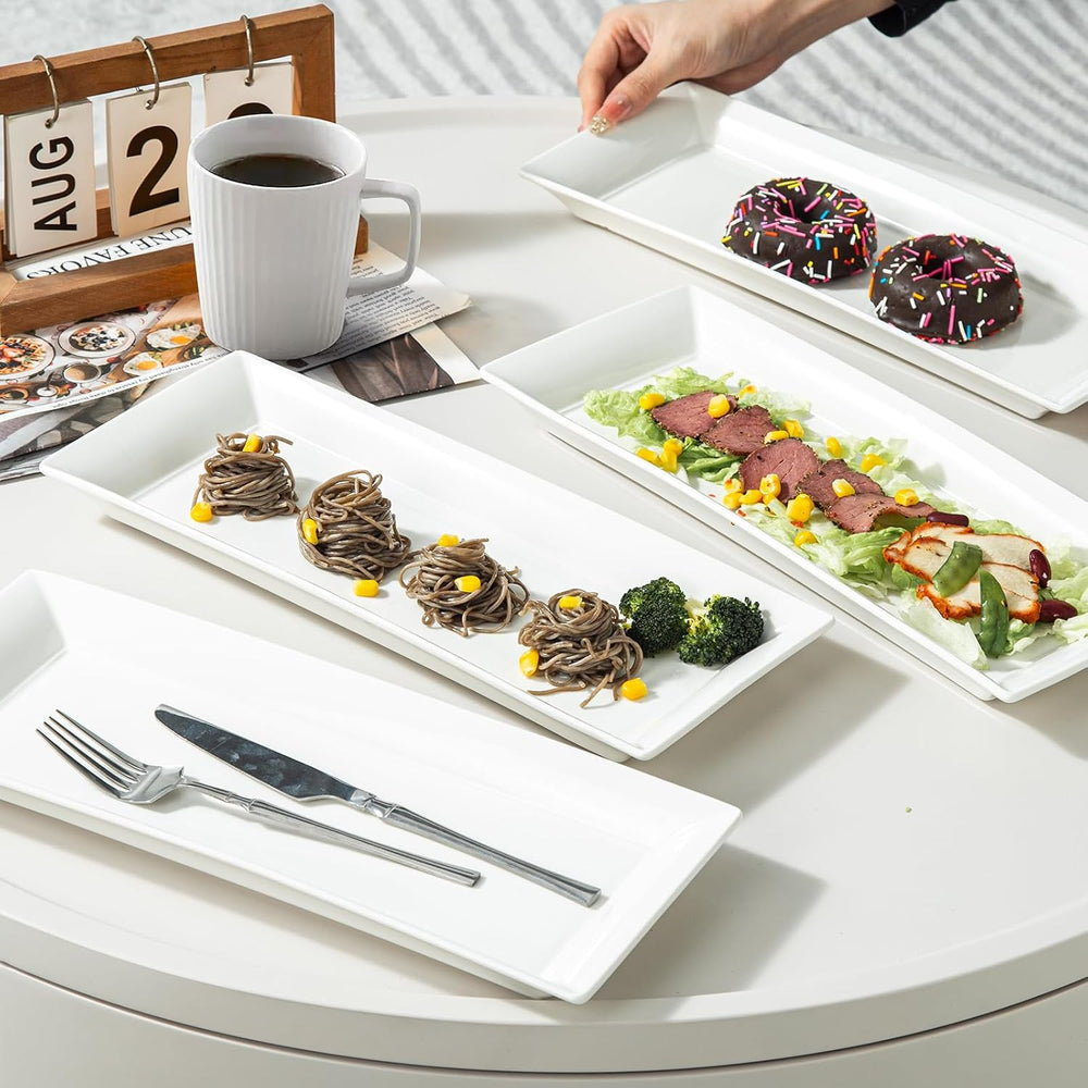 14" Rectangular Platters Set of 4, White Ceramic Platters, Large Serving...