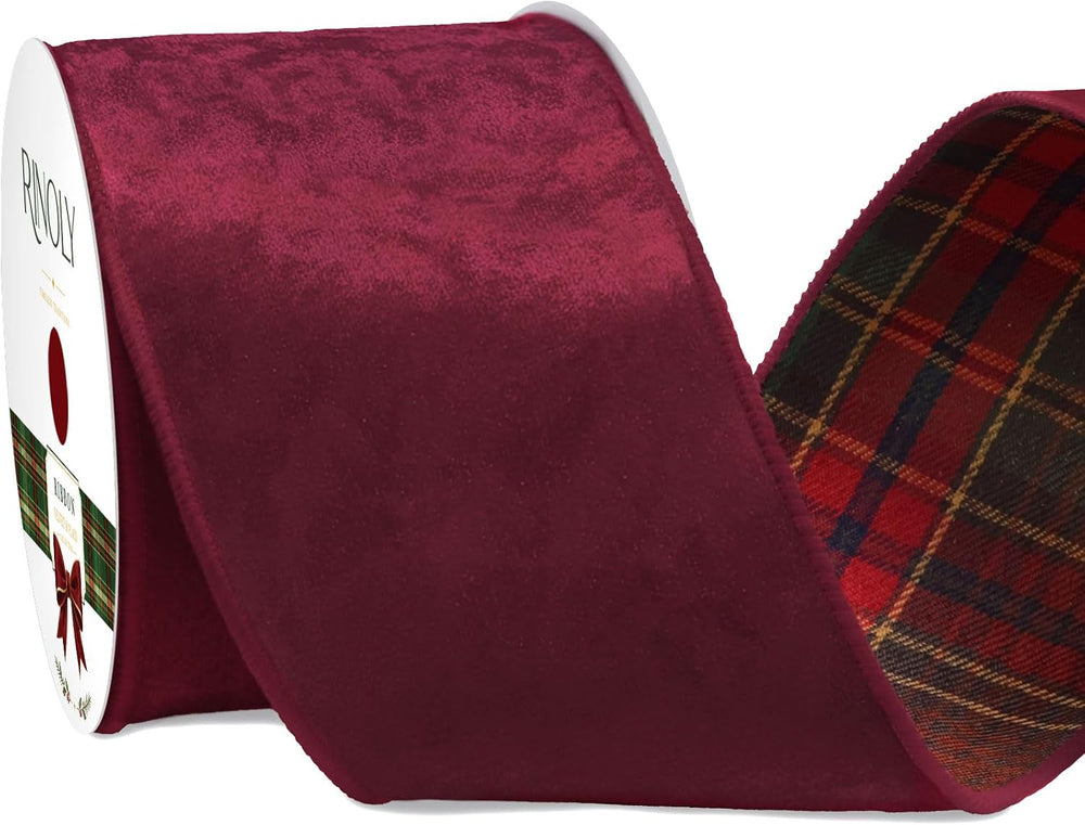 RINOLY Burgundy Velvet Ribbon, Wired Plaid Ribbon, 4 Inch x 10 Yards