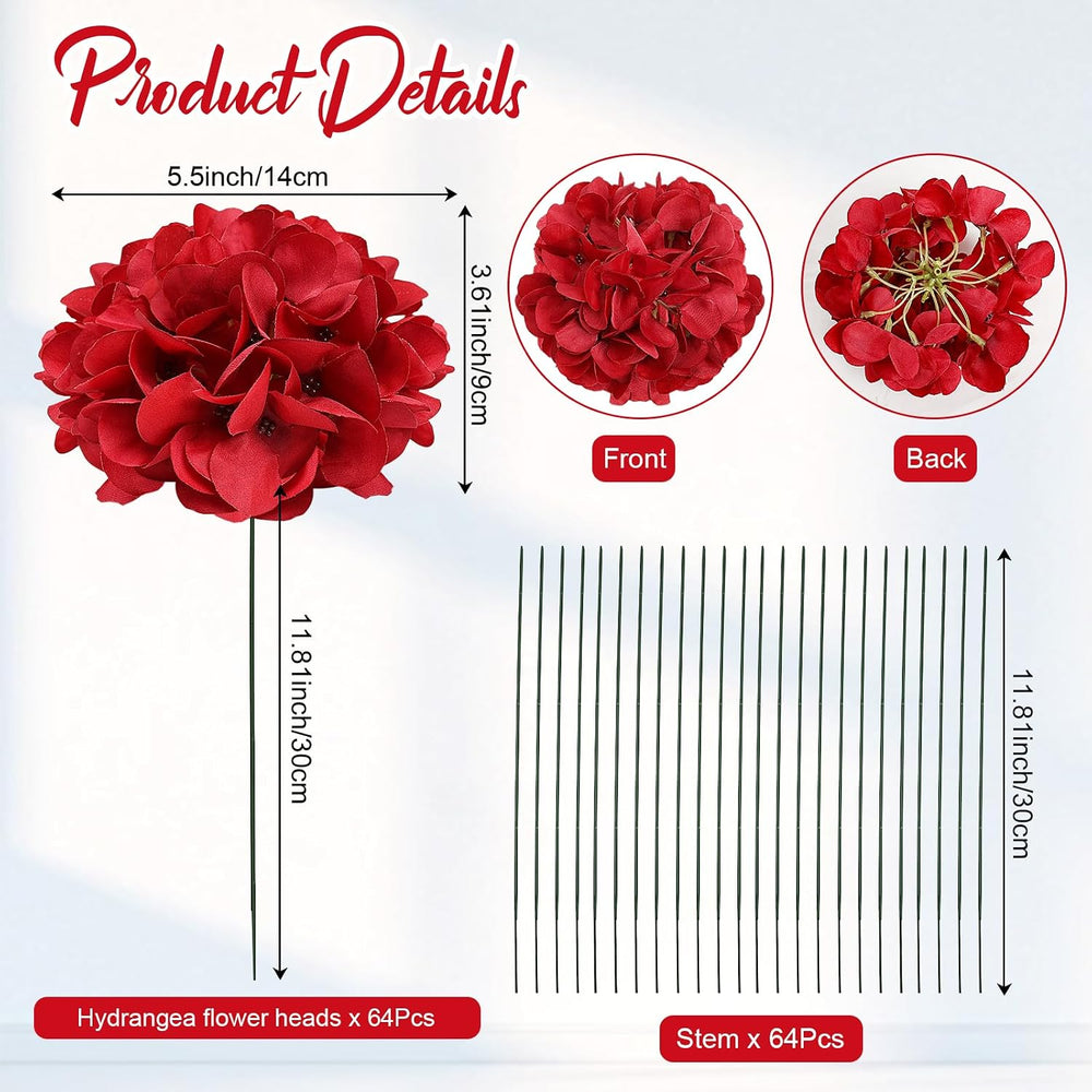 Red Hydrangea Artificial Flowers Bulk with Stems 64 Pcs