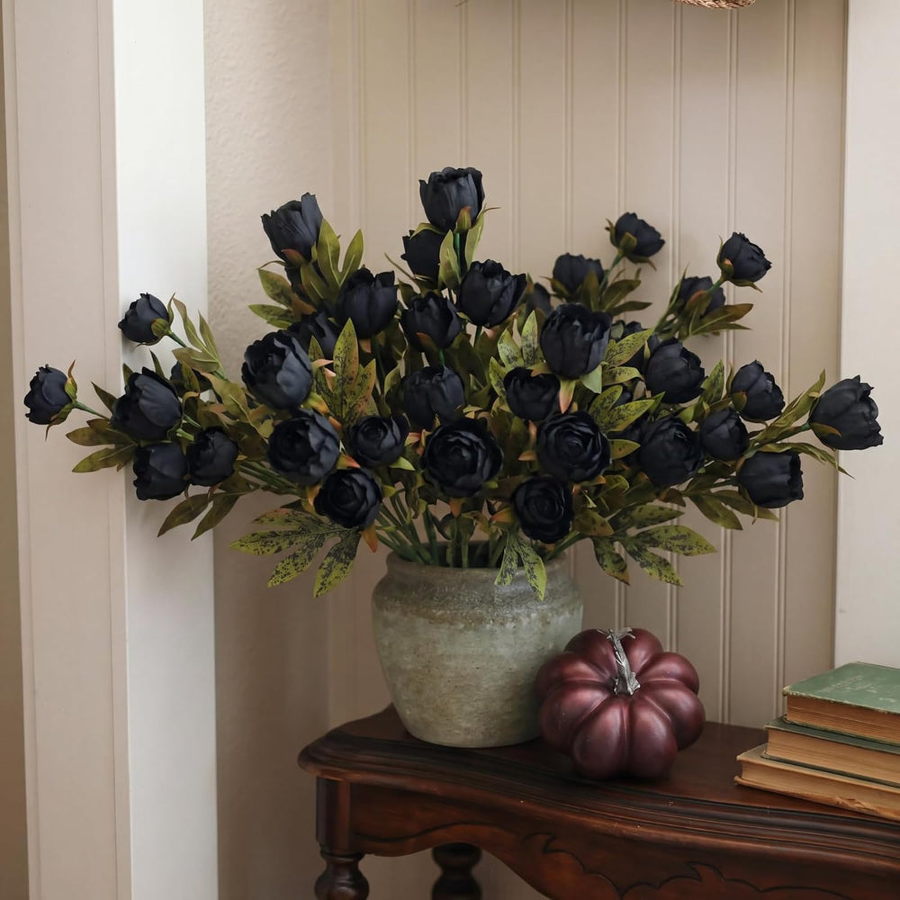 Vintage Peony Artificial Flower Faux Silk Stem, 8 Pcs, Black
