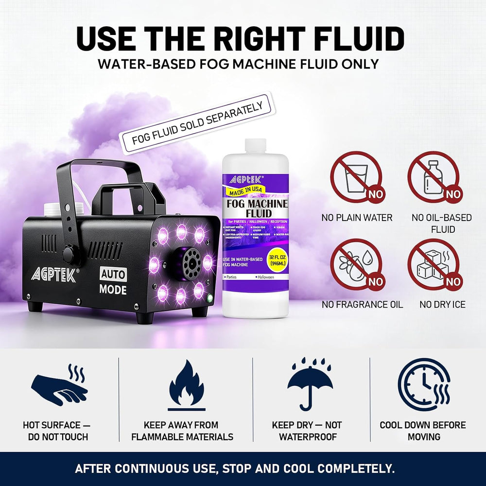 AGPTEK Fog Machine, 12 Colors, 600W Smoke Machine, Low Fluid Auto Shutoff