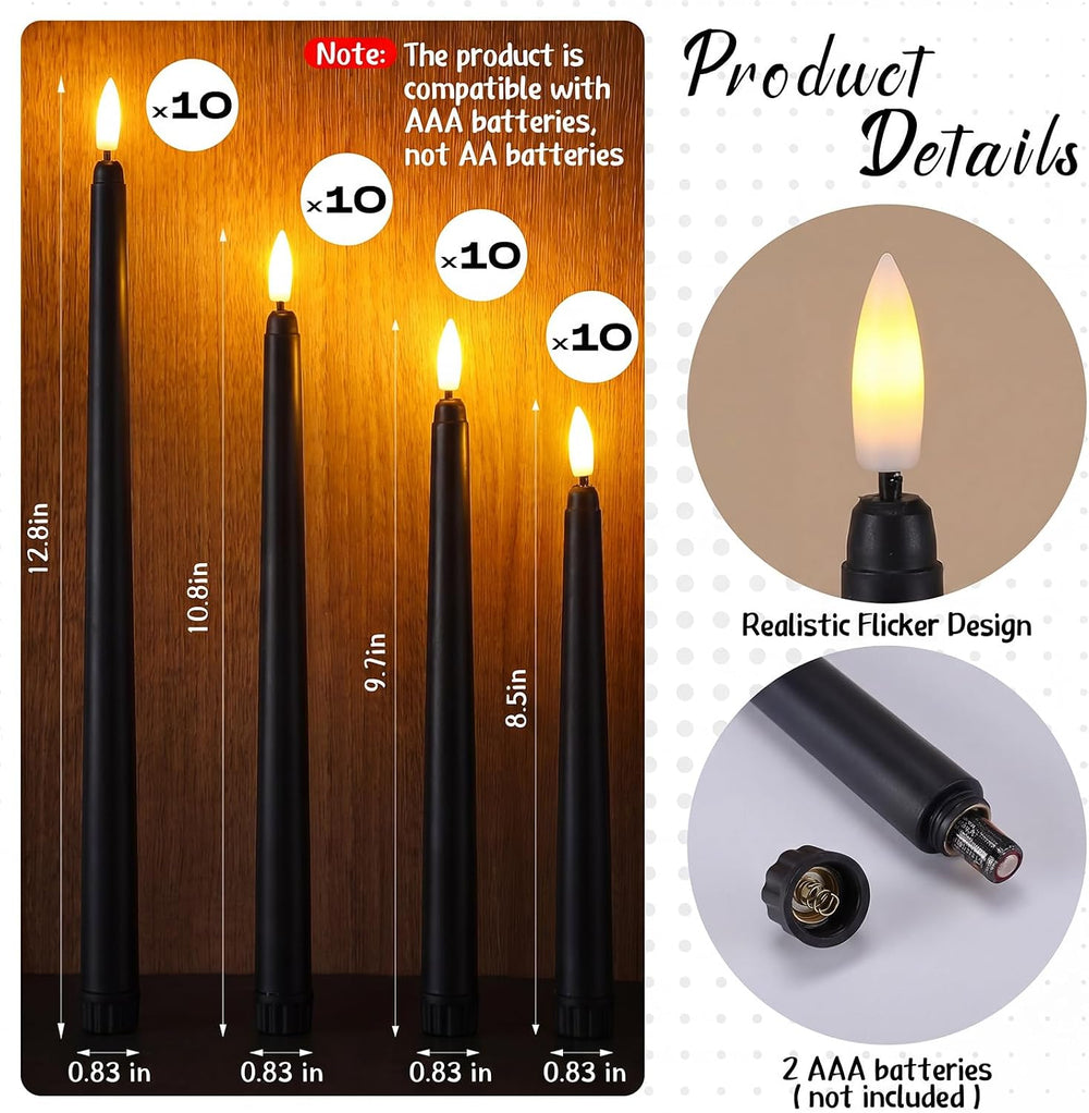 Flameless Taper Candles LED Flickering Candlesticks, Black, 40 Pcs