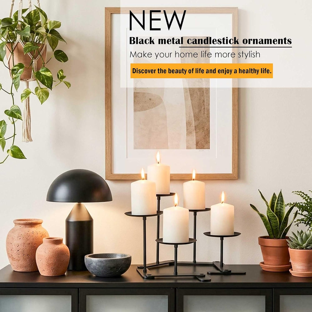 Adjustable 5-Pillar Metal Candelabra, Matte Black Candle Holder