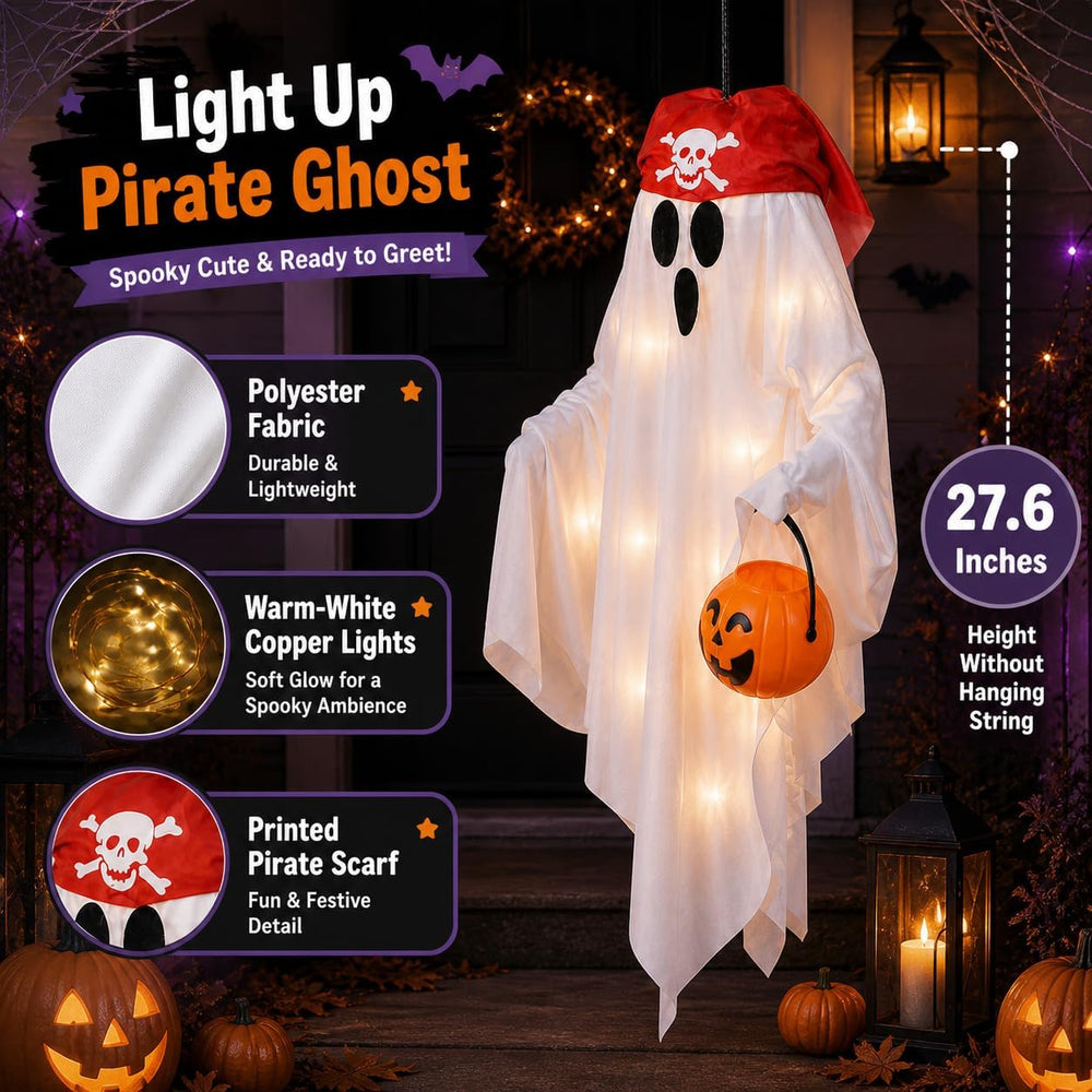 JPXH 2 Pack Hanging Pirate Ghost Decorations with Lights for Halloween