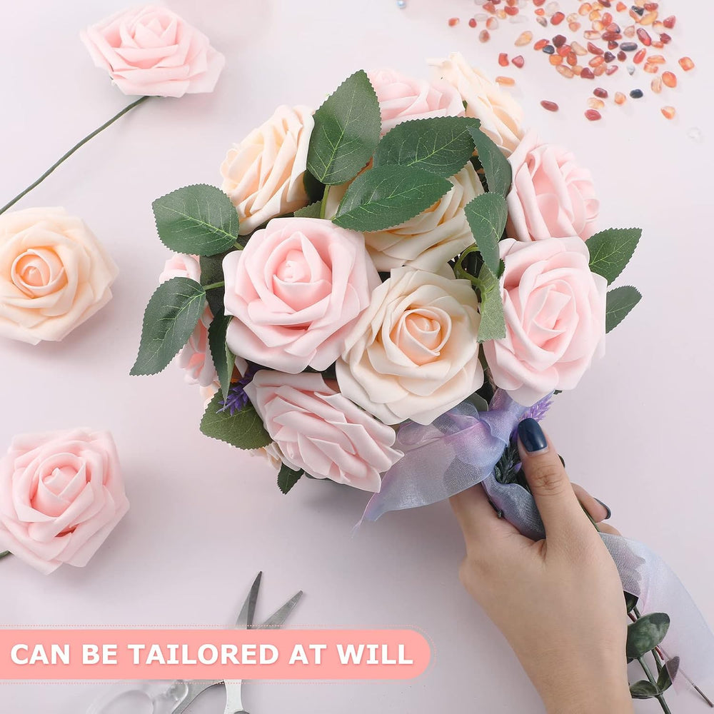 100 Pcs Artificial Rose Flowers, Pink, Champagne