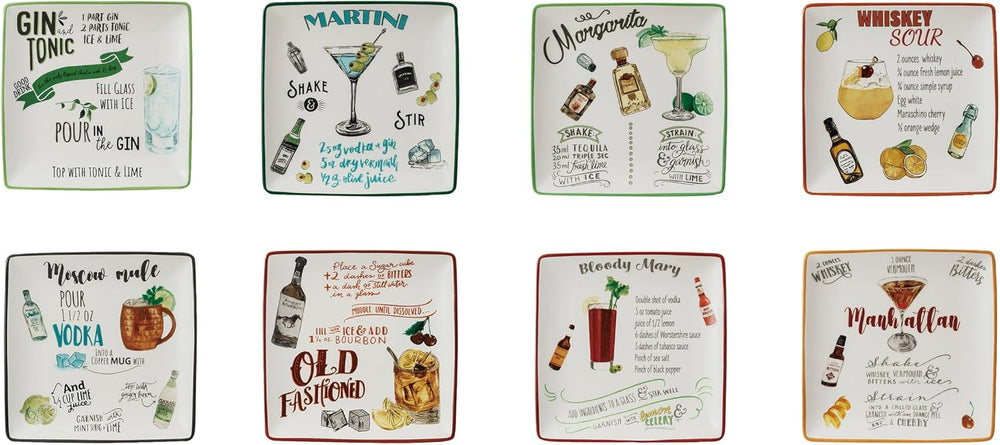 Creative Co-Op Stoneware Plate Set with Cocktail Recipes Design Styles, Multi...