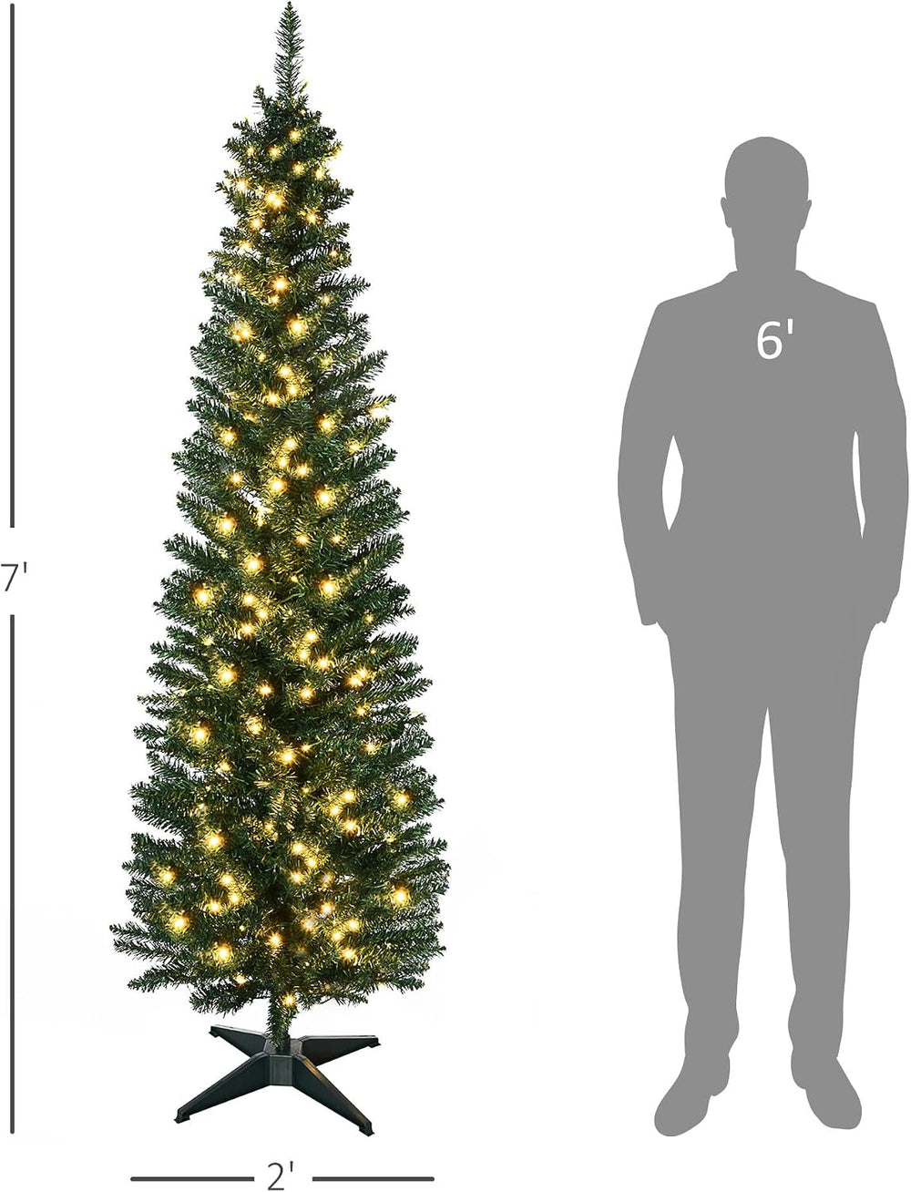 HOMCOM 7' Tall Pre-Lit Noble Fir Artificial Pencil Christmas Tree Green
