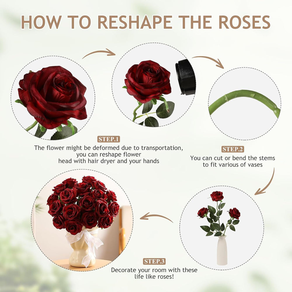 Kisflower 60 Pcs Burgundy Roses Artificial Flowers Bulk, Maroon Flowers Artif...