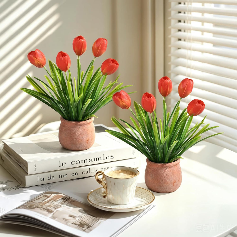 2 Pack Small Fake Plants, Mini Artificial Tulip Potted Plants with Flowers