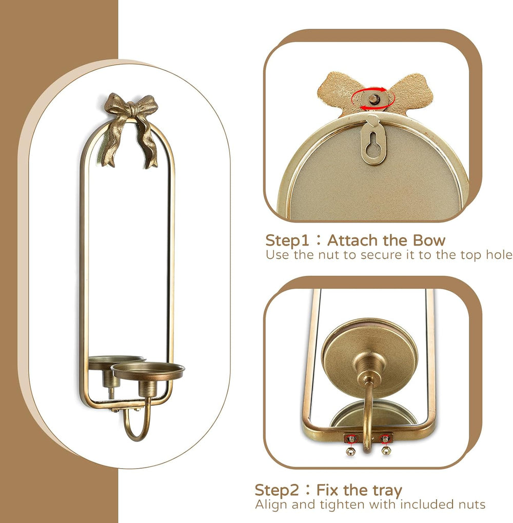 Gold Mirrored Candle Sconces Set of 2 with Arch Metal Frame
