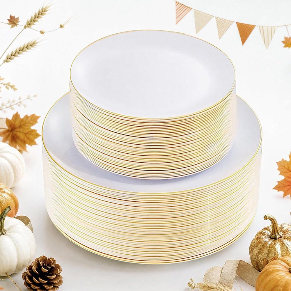100PCS White Plates with Gold Trim - Plastic Disposable Plates - Includes 50P...