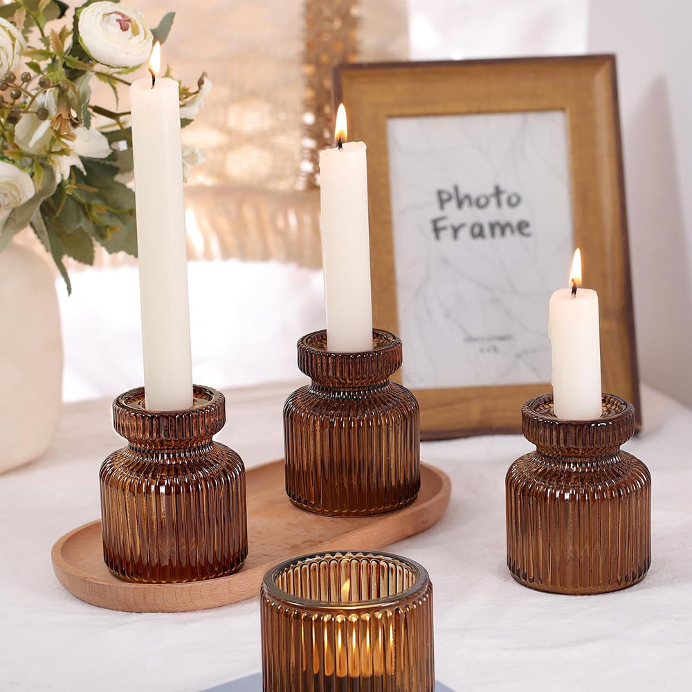 12 Pcs Glass Candlestick Holders- Amber Taper Candlestick Holders Tealight Vo...