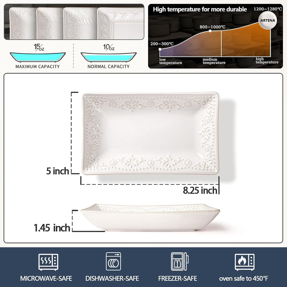 Artena Appetizer Plates Set of 4, 8.25" Embossed Ceramic Rectangular Des...