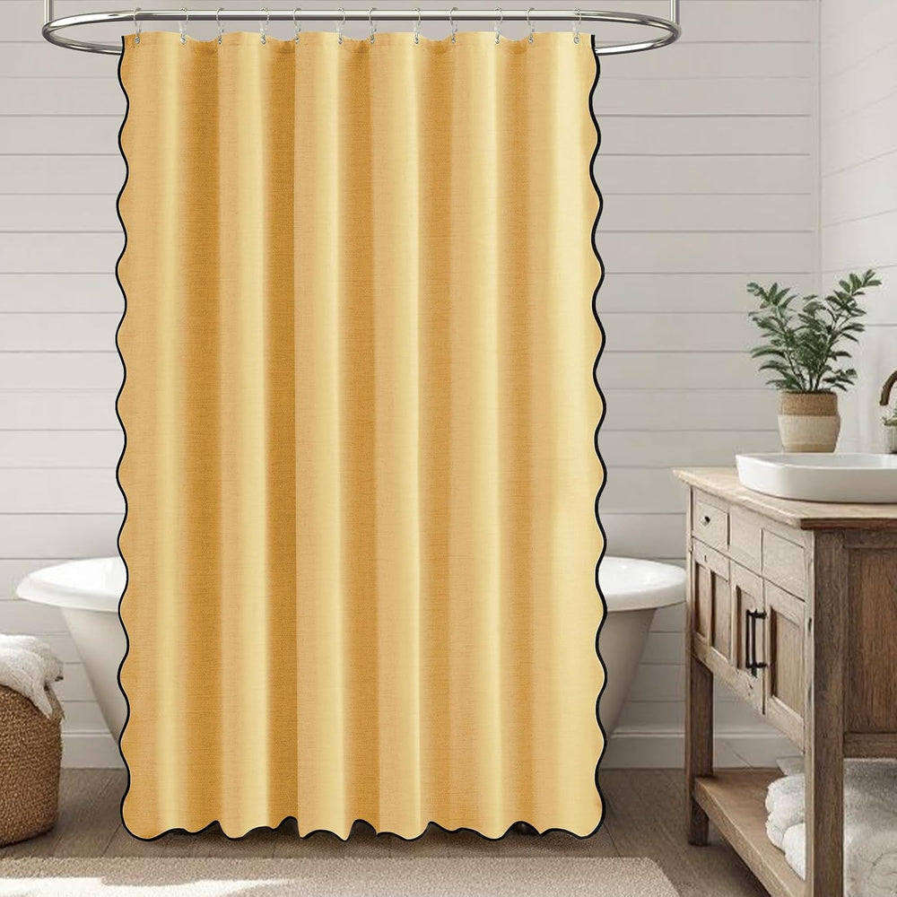 Boho Scalloped Linen Textured Cloth Shower Curtain Set, Gold, 72x90