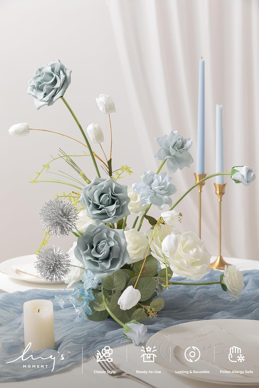 Ling's moment Artificial Wedding Flowers Combo, Dusty Blue & White, G...