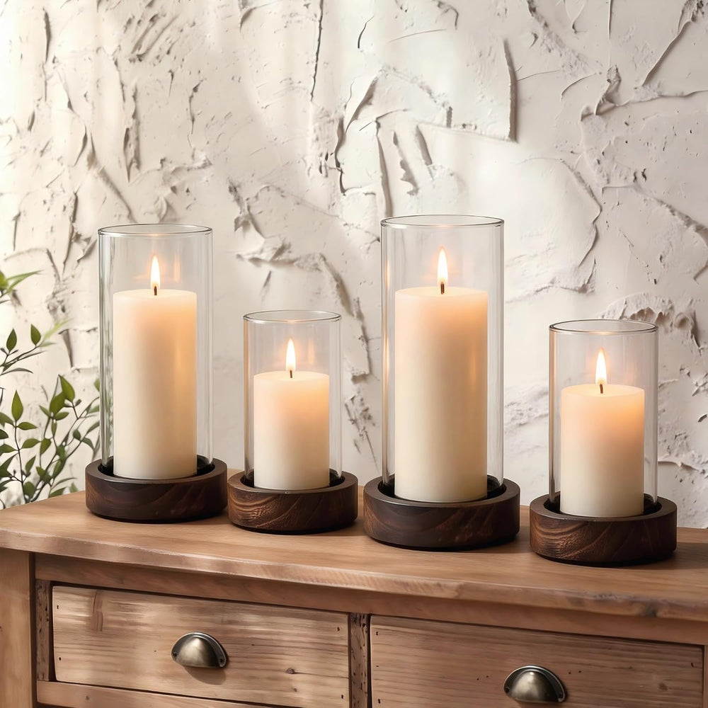 Set of 4 Hurricane Candle Holders with Wood Base & Glass Cylinder (4.2x5....