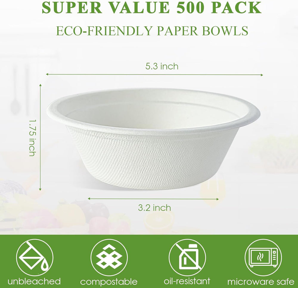 Vplus 500 Pack 12 OZ Compostable Paper Bowls, Bagasse Bowls Bulk,White