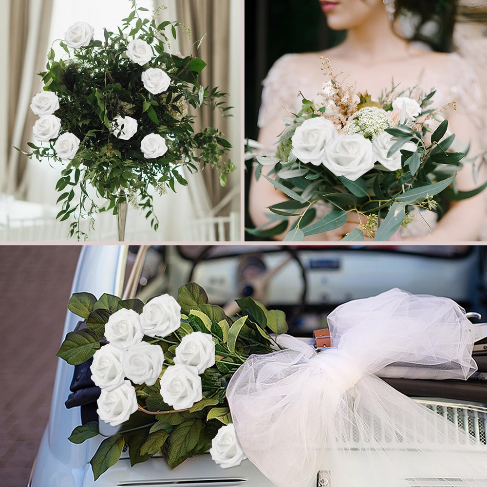 200PCS White Realistic Roses - Artificial Latex Foam Flowers with Bendable St...
