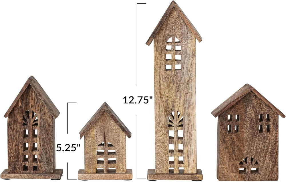 Creative Co-Op Decorative Carved Mango Wood Houses, Natural, Set of 4