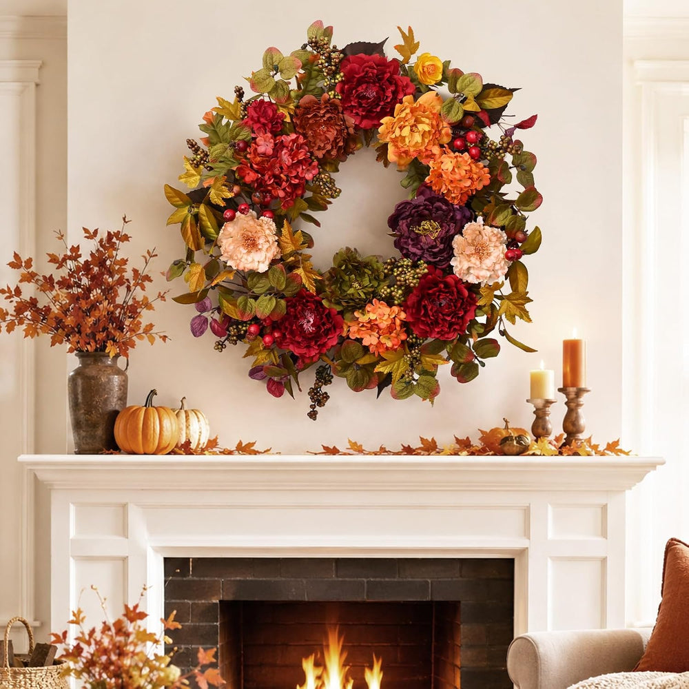 2 Pcs Fall Wreaths for Front Door, 24 Inch Fall Door Wreath with Hydrangea