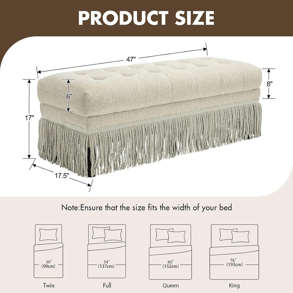 47-Inch Chenille Ottoman Bench Vintage Tufted Fringe Design Beige