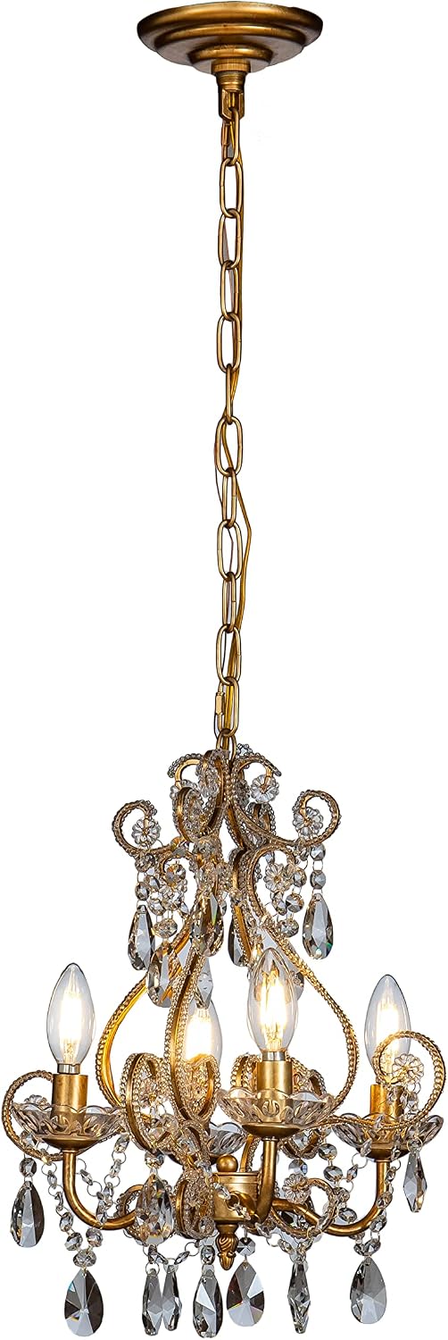 4-Light W14 in. French Country Chandelier Antique Gold Small Crystal Chandeli...