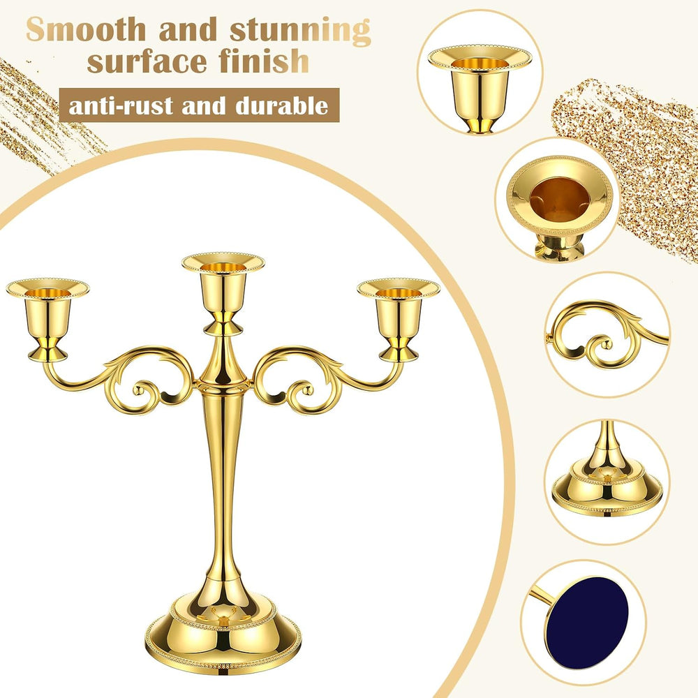 Dandat 3 Pcs 3 Arm Metal Candelabra Candle Holder, Classic, 10", Gold