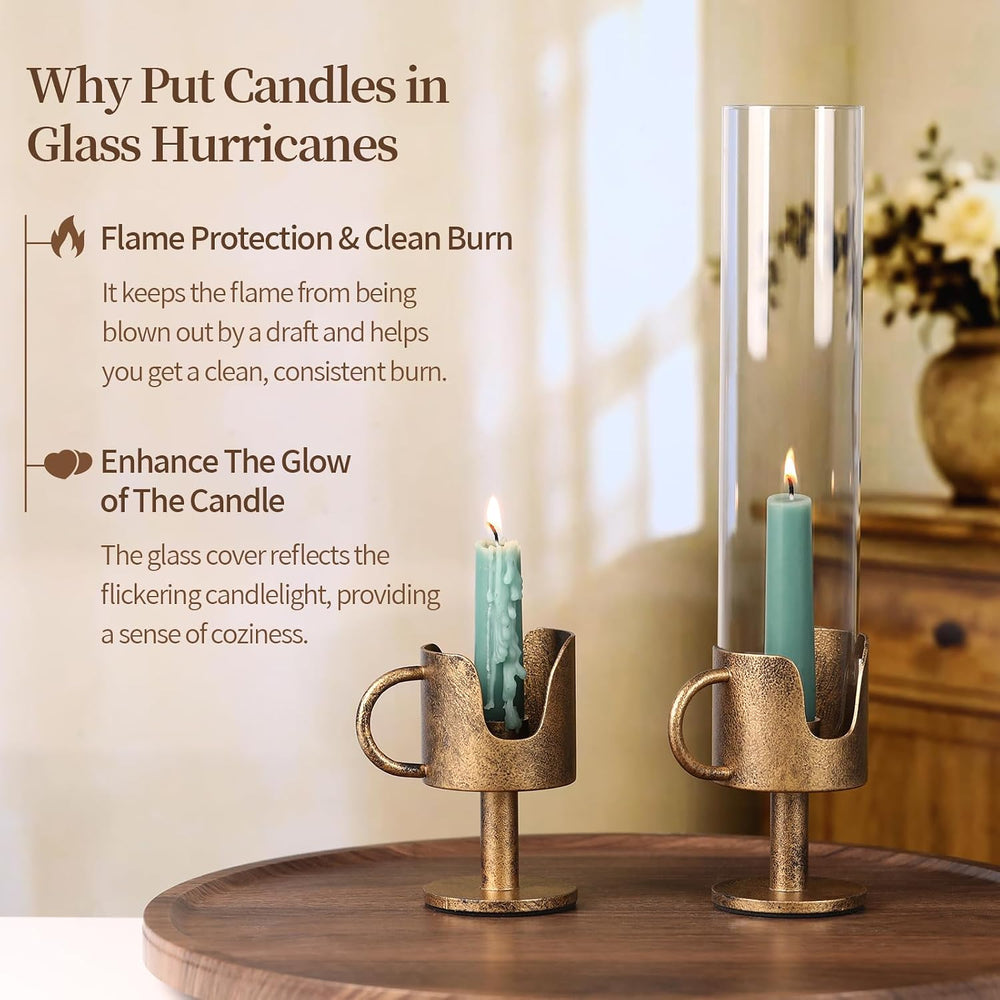 Vintage Cast Iron Hurricane Glass Candle Holder for Taper Candles Set of 2