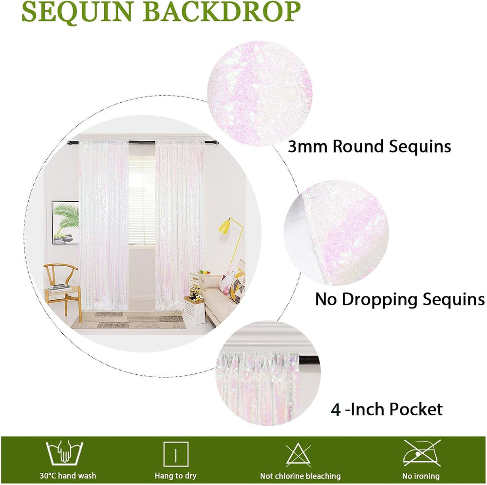 ShinyBeauty 4PCS Iridescent White Sequin Backdrop Curtain 4x10ft