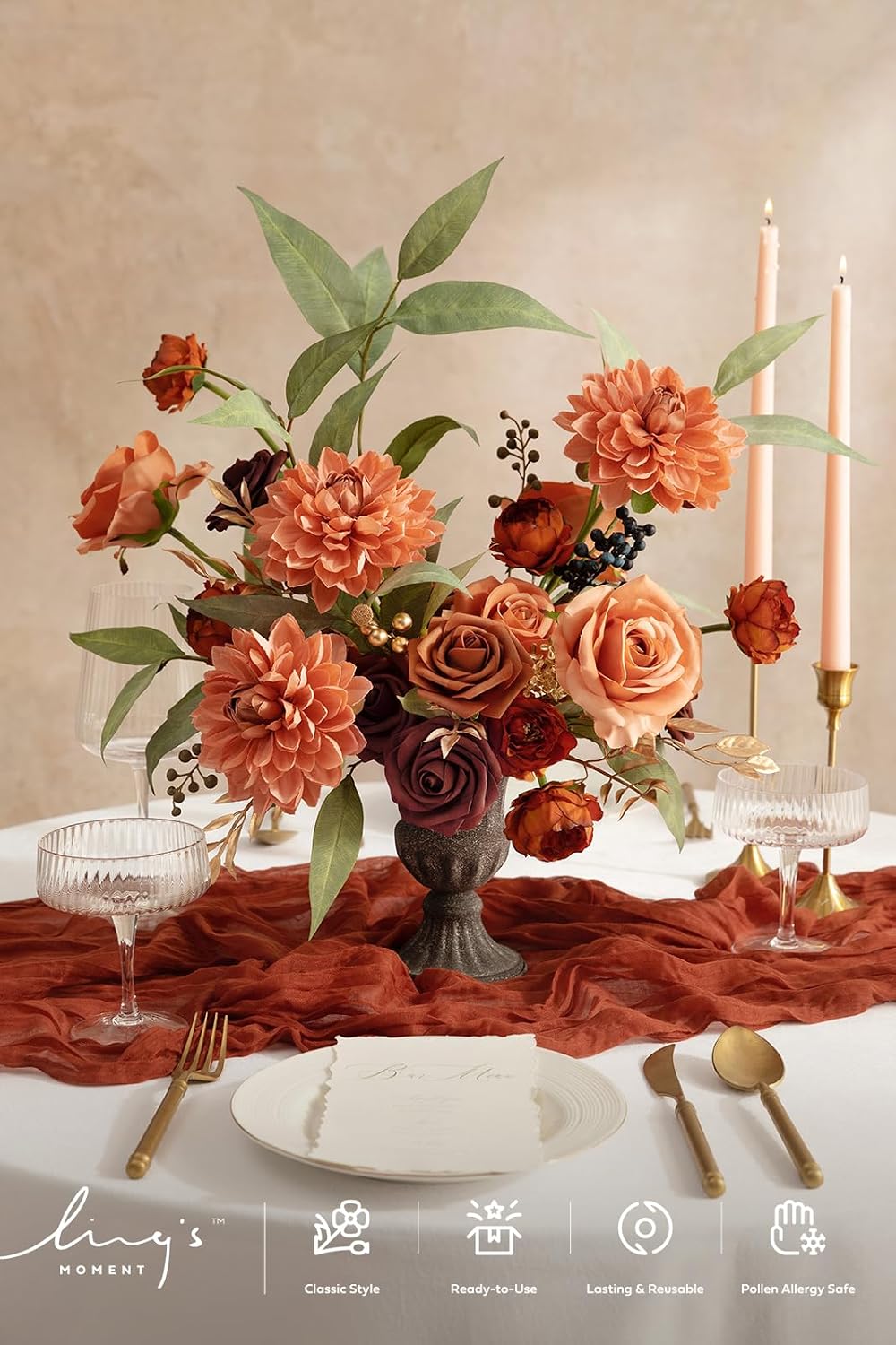Ling's moment Artificial Flowers Fake Silk Dahlia Faux Foam Rose Terracotta