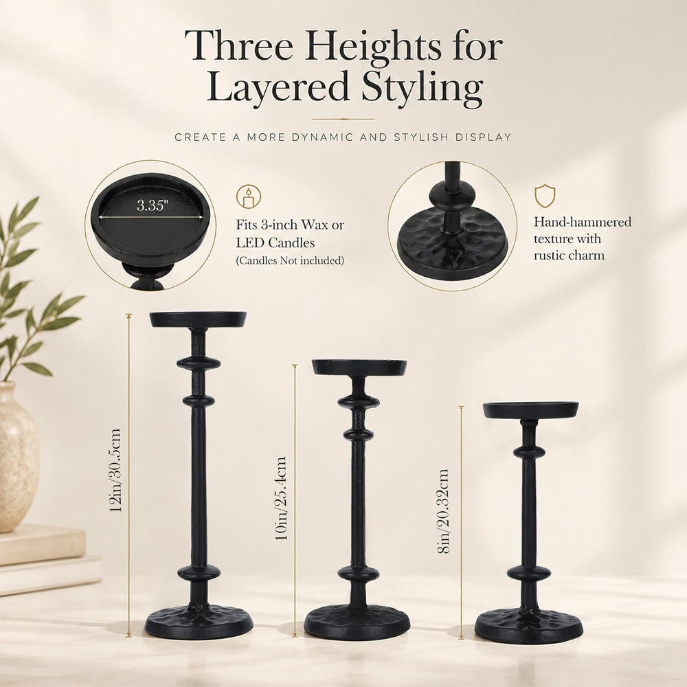 Mumufy 3 Pcs Pillar Candle Holder Set Black Cast Iron Candlestand, 8"10&...