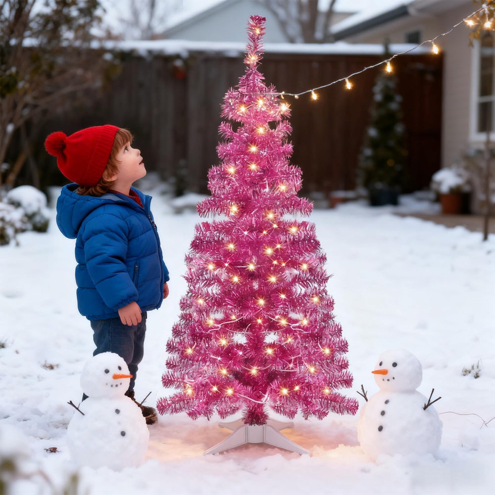 Juegoal Pink Artificial Tree, 4 FT Pre-lit Christmas Tree, Lighted Tinsel Pen...