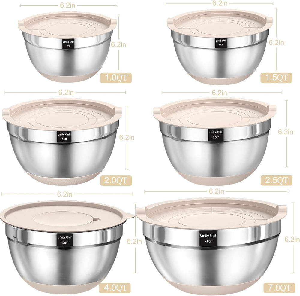 Mixing Bowls with Airtight Lids Set, 26PCS Stainless Steel Khaki Bowls with G...