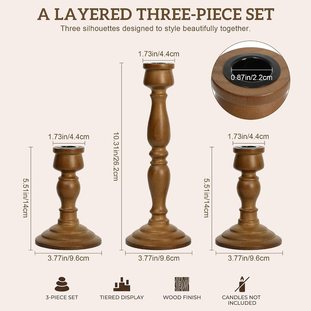 Wooden Taper Candle Holders Set of 3, Rustic Brown Farmhouse Decor