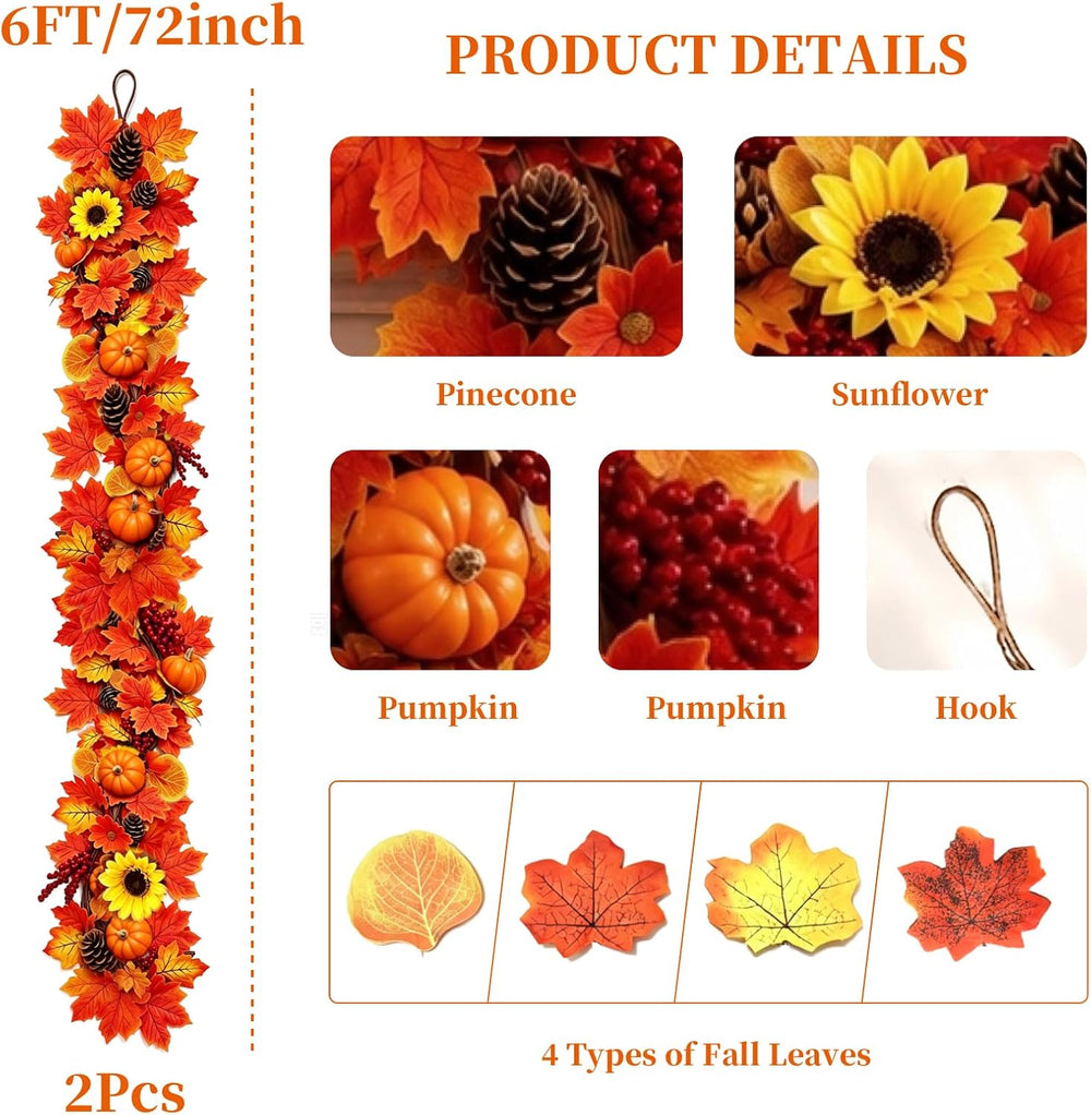 Fall Home Decor-2 Pack 6Ft Maples Pumpkin Berry Pinecone Sunflower Garlands