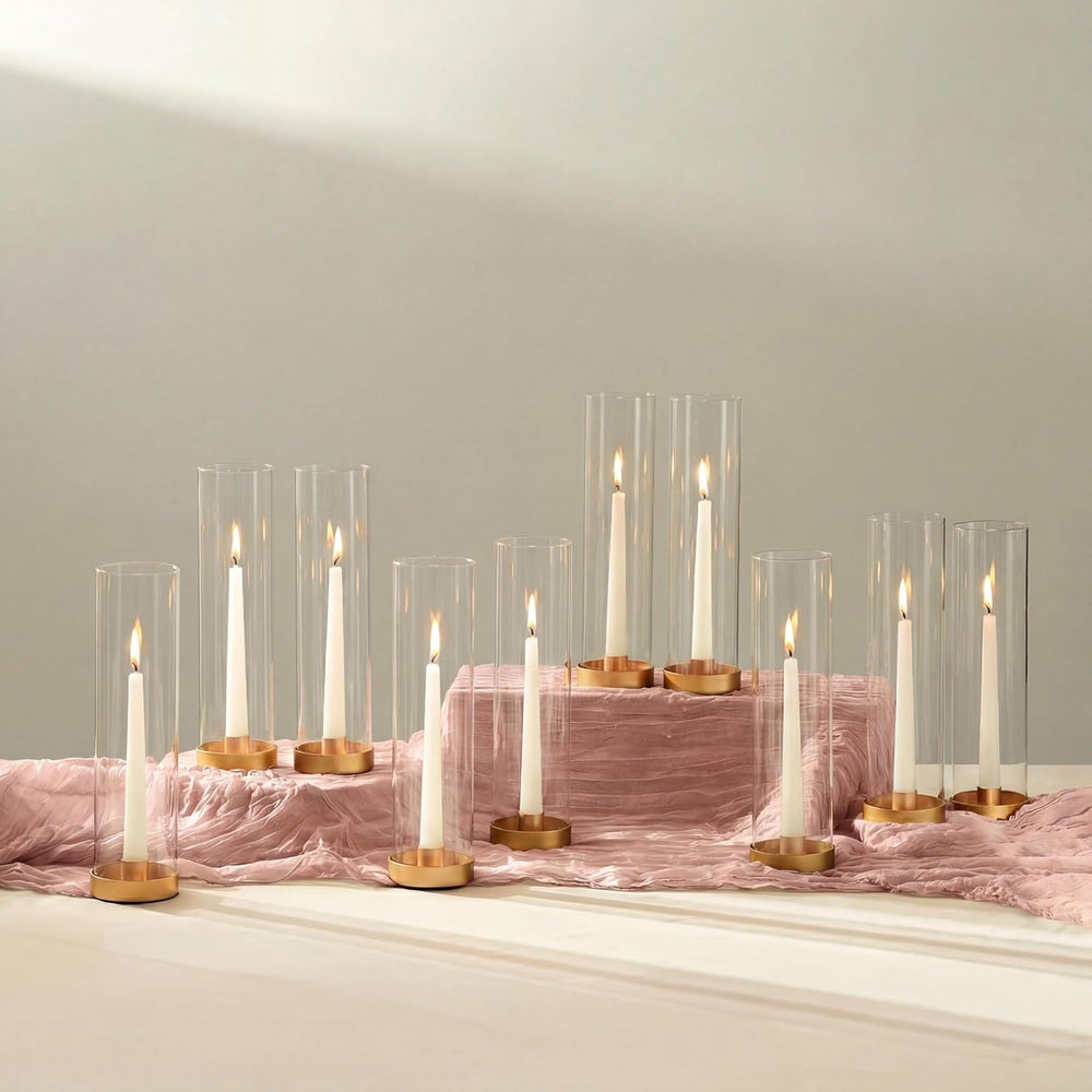 NUPTIO Hurricane Glass Candlestick Holders: 10 Set Bulk Gold Taper Candle Hol...